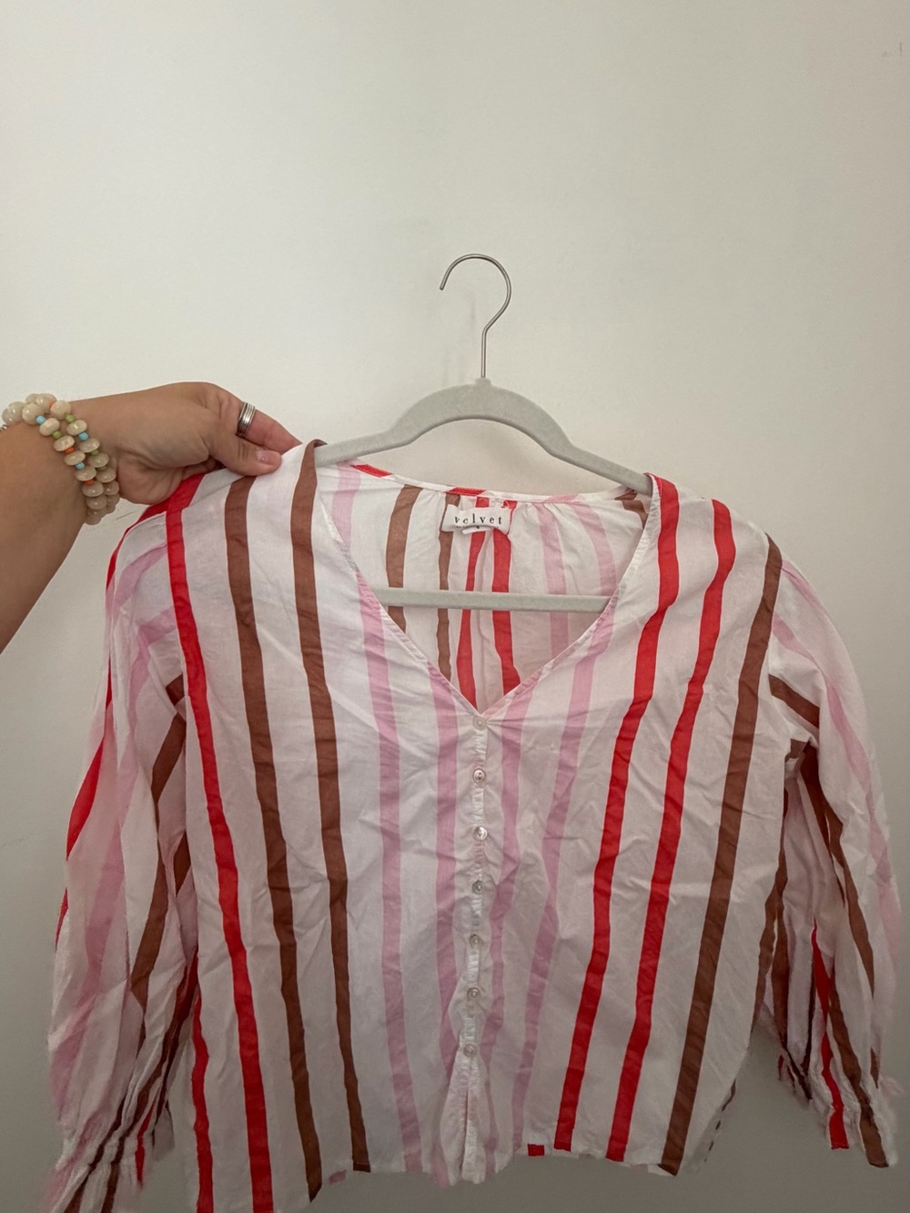 Velvet by Graham & Spencer Striped V-Neck Blouse in Pink, Red & Brown